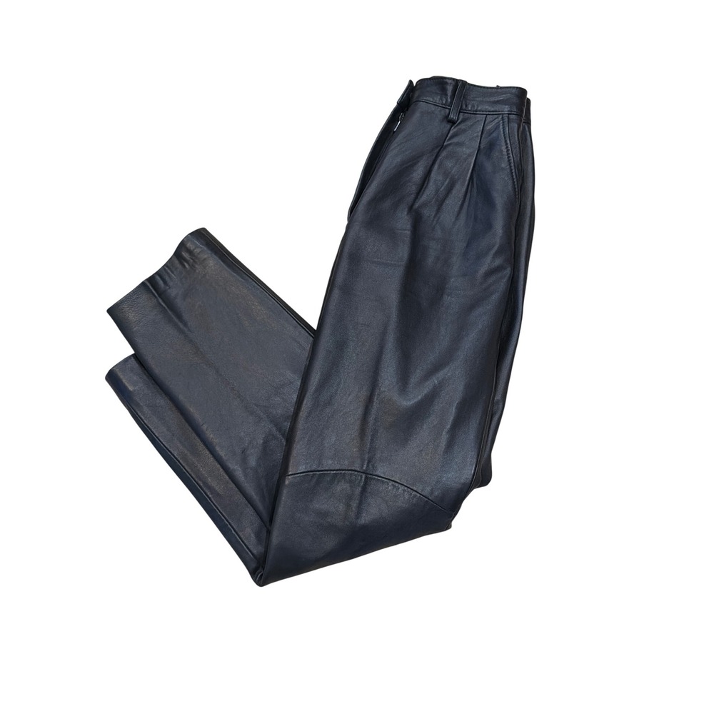 Michael Hoban North Beach Leather Pants Black High Waisted Pleated Vintage 7/8‎